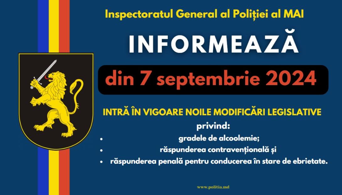 IGP informează: din 7 septembrie 2024 intră în vigoare noile modificări legislative privind gradele de alcoolemie, dar și răspunderea contravențională și penală pentru conducerea în stare de ebrietate.